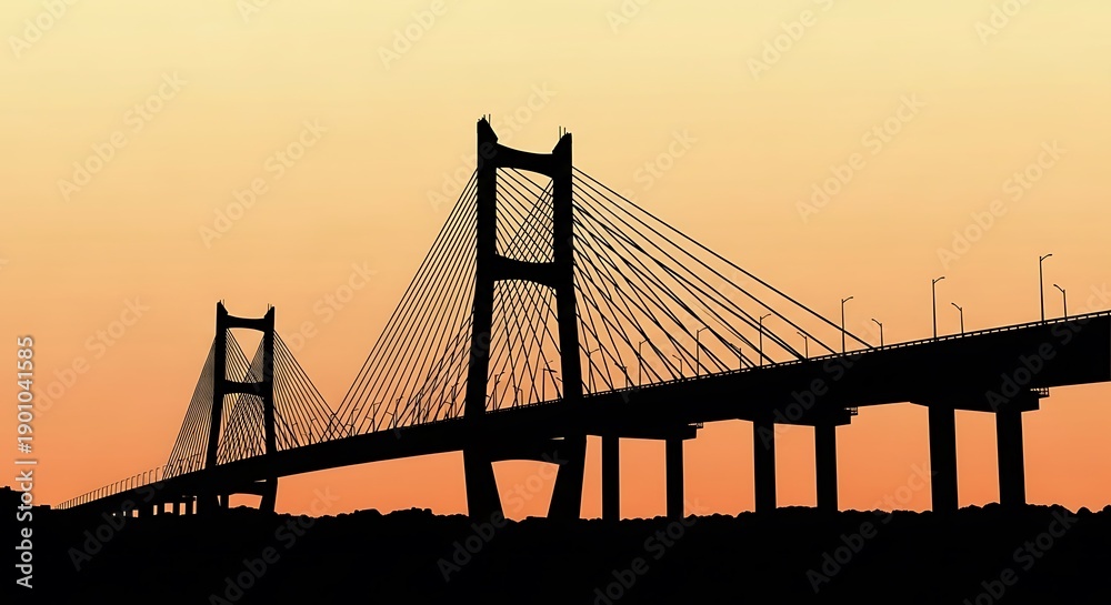 Fototapeta premium Silhouette of a large cable-stayed bridge.