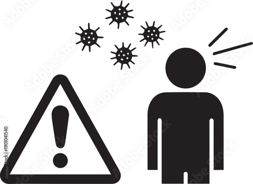 Iconic representation of a person experiencing a viral infection with a prominent warning sign and airborne virus particles illustrating health risks and cautionary measures