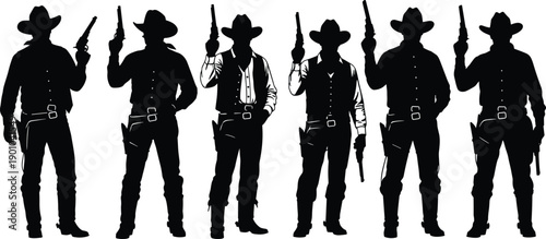 Black silhouette group of six cowboys and outlaws wearing hats and holding pistols guns standing in a row isolated on a white background
