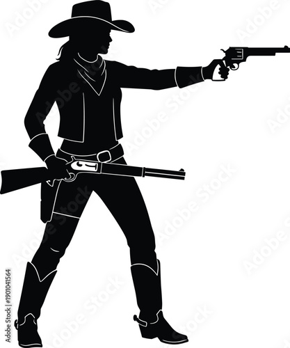 Black Silhouette of a Cowgirl Wearing a Hat and Boots Holding a Revolver and Rifle Isolated on White Background for Western Wild West Design