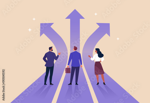 Business Direction. Vector illustration of business people standing at crossroads with arrows pointing forward. Concept of choice, strategy, leadership, career decision, planning and future growth.