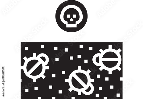 Computer virus icon with skull warning symbol and malware blocked signs, black and white flat glyph design for cybersecurity, antivirus, ransomware alert UI