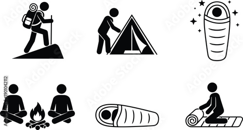 Camping and hiking silhouette icon set showing outdoor adventure activities, tent setup, sleeping bag, campfire relaxation symbols isolated on white background for travel concepts