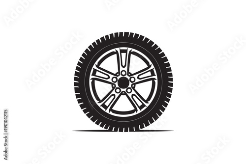 Black car tire and wheel icon on white background with surface shadow, studio shot.