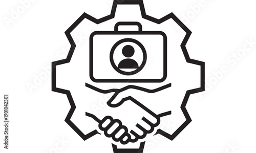 Camera service handshake icon with gear emblem and user avatar, black outline vector symbol for customer support, technical assistance, photo equipment repair, warranty