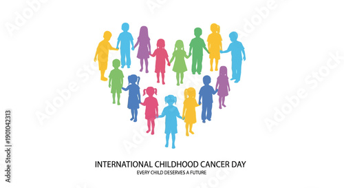 A colorful illustration of diverse people forming a heart shape on International Childhood Cancer Day, promoting pediatric oncology awareness and childhood cancer support with a vibrant,