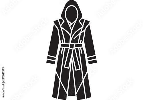 Bathrobe hooded spa robe icon in black silhouette with belt tie, long sleeves and front pockets, minimalist flat pictogram for bathroom, sauna and relaxation