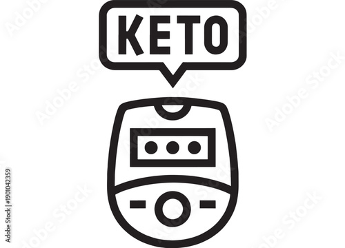 Keto chatbot icon with speech bubble text and robot head outline, minimal black line pictogram for ketogenic diet advice, nutrition app interface and healthy lifestyle