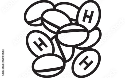 Pills medicine icon with H letters on tablets, bold black outline line art, pharmacy drug dosage concept, healthcare treatment symbol isolated on white background