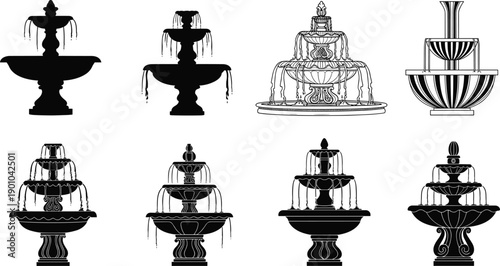 Collection of decorative fountain silhouettes and detailed vector illustrations isolated on white background for garden, park, luxury architecture, water feature design concepts