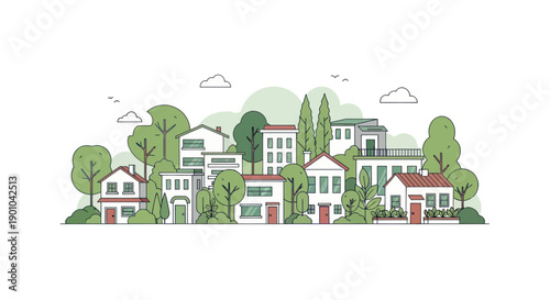 Charming suburban neighborhood with diverse houses and lush green trees, flat design illustration