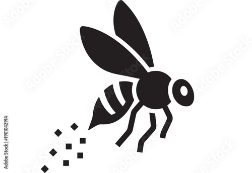 Bee icon silhouette with flying insect shape, bold black pictogram on white background, simple vector style for logo, app button, ecology and honey branding