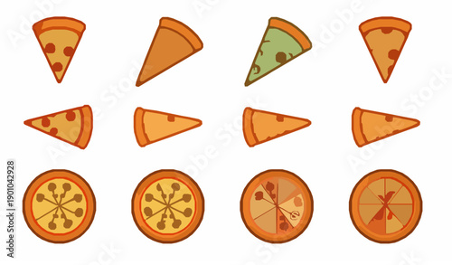 :
Flat pizza icons vector set with assorted slice and whole pizza illustrations for food design