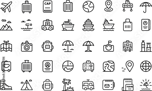 Global tourism vector icon collection with various travel isolated transparent illustration