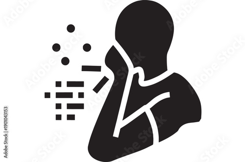 Person coughing icon with hand covering mouth, sneeze droplets and germ particles, simple black silhouette pictogram for illness, infection prevention and health warning