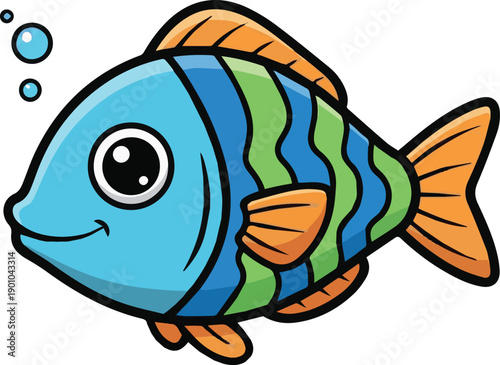 Cheerful cartoon fish illustration, vibrant blue and green stripes with a friendly smile, a delightful aquatic concept for children's designs and fun underwater themes