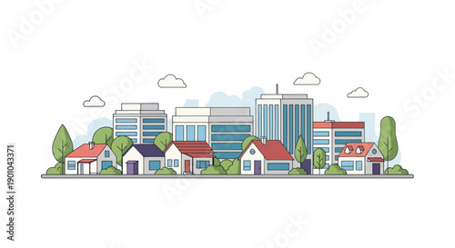 Flat illustration of a suburban neighborhood with modern buildings and trees.