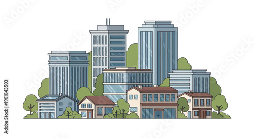 Modern Cityscape with Diverse Buildings and Greenery