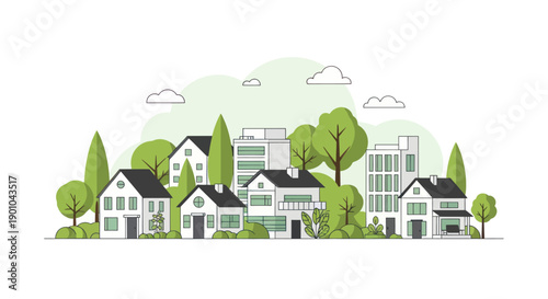 Modern suburban neighborhood with diverse houses and lush green trees, flat design illustration