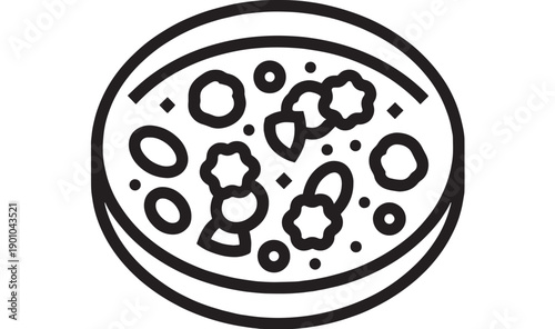 Pizza slice icon with toppings in bold black outline, simple flat glyph style isolated on white background for menu app UI, restaurant logo, delivery label and web design
