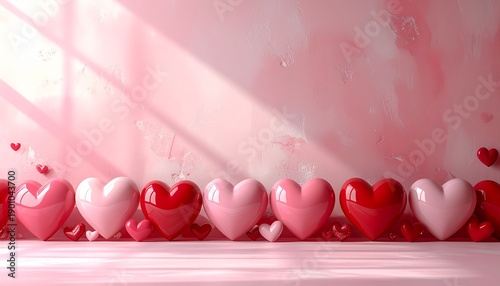 Row of red and pink hearts on textured wall with soft sunlight background
