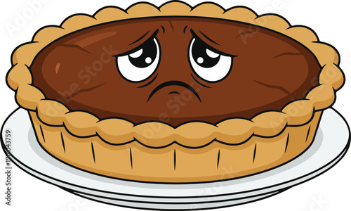 Unhappy chocolate pie with a frowning face expresses sadness on a white plate