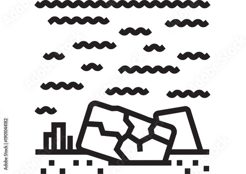 Iceberg cracked icon with floating broken blocks and ocean waves, minimal black line silhouette isolated on white for climate change, melting ice, arctic warning graphic