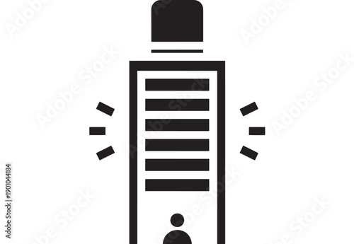 Flashlight icon with light rays in black silhouette, simple flat pictogram for camping gear, emergency lighting, power outage, UI app button, isolated on white