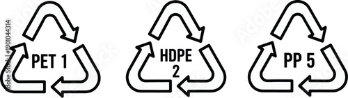 Essential set of plastic resin identification codes (PET 1, HDPE 2, PP 5) inside the universal Mobius loop recycling symbol