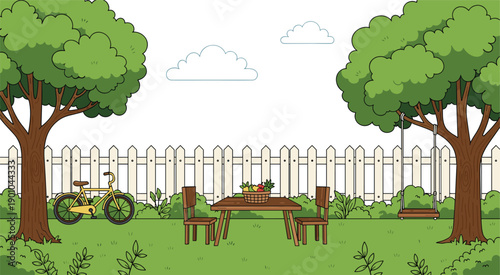Cartoon summer garden landscape with white picket fence green trees wooden table swing and yellow bicycle on grass lawn vector illustration for outdoor design.