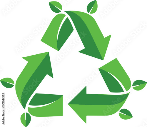 Vibrant green recycling symbol integrated with fresh leaves, representing sustainable living, circular economy, and biodegradable products. Isolated on white background.