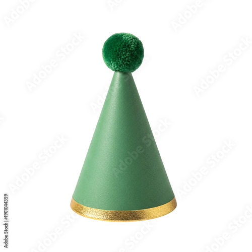 Green cone party hat with gold trim and fluffy pompom isolated on transparent background for celebration