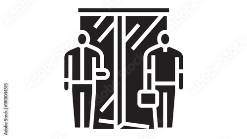 Elevator icon with two business people standing in open lift doors, minimalist black silhouette pictogram for office building, transport signage, UI and app interface