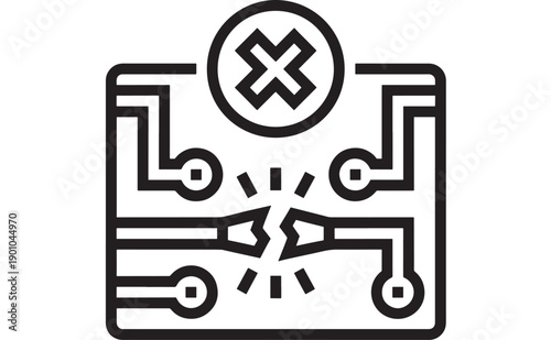 Circuit board error icon with crossed mark and broken connection, minimal black outline symbol for system failure, network crash, diagnostics, troubleshooting UI