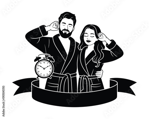 Happy couple in bathrobes stretching and waking up to an alarm clock with banner