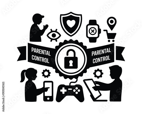Parental control icons representing online safety and device monitoring for children and teens