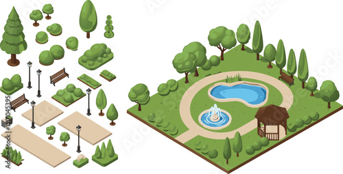 Isometric city park constructor set with landscape elements like green trees fountain gazebo and benches for urban public garden scenery design vector illustration.