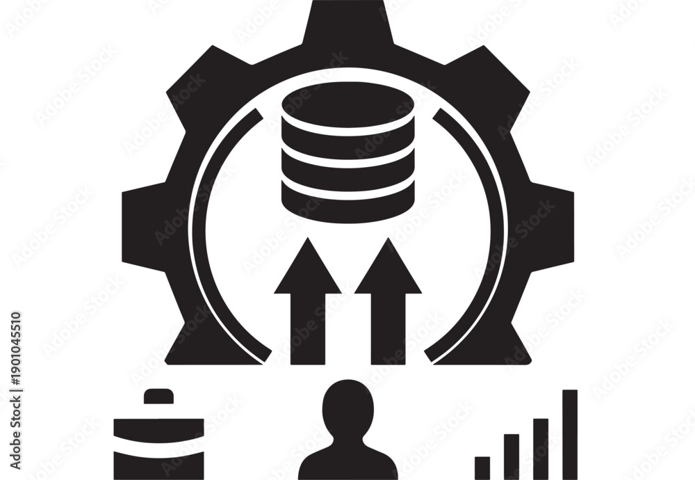 Fototapeta premium Database management icon with gear and upload arrows, server stack and analytics bars, user silhouette, black and white flat vector symbol for IT administration