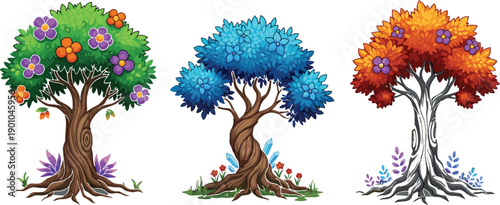 Set of three magical fantasy trees with colorful foliage and crystals isolated on white background for video game assets and nature landscape vector illustration.