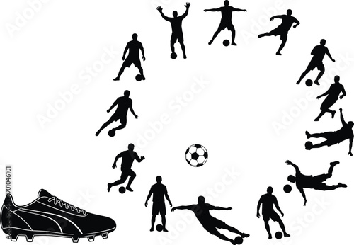 Soccer Player Silhouette Vector Set Featuring Football Athletes Dribbling Kicking Sliding and Goalkeeper Poses with Sport Cleat Shoe and Ball Icons Isolated on White Background