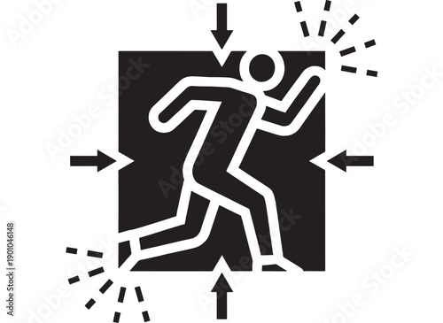 Person safety pictogram with arrows pointing inward showing crushing hazard and impact warning icon in black and white flat vector style for signage featuring pinch point, trapped, compression with