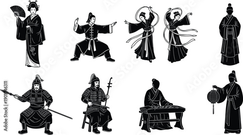 Traditional Chinese Culture Silhouette Vector Set Featuring Ancient Warriors Martial Arts Tai Chi Ribbon Dancers Musicians Playing Guzheng and Erhu with Lantern and Fan Elements