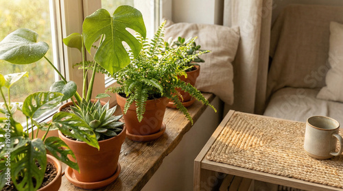 Canvas Print Sunlit Indoor Garden with Lush Green Plants in Terracotta Pots