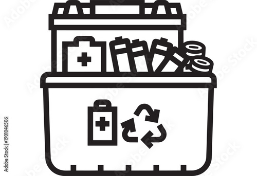 Battery recycling box icon with used batteries and container symbols, black and white outline pictogram for e-waste collection, eco disposal, hazardous waste sorting
