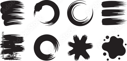 Diverse black brush strokes, circular forms, and an irregular ink blot on a clean white surface