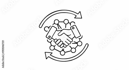 Business collaboration icon Handshake in a digital network, symbolizing mutual agreement, exchange, and integrated teamwork for success