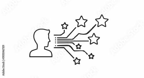 Illustrative icon of human intelligence generating quality results; a profile silhouette with pathways to stars, symbolizing creativity, innovation, and excellence