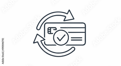 Icon of a secure financial transaction or payment return process, featuring a credit card with a checkmark symbol surrounded by cyclical arrows for confirmed actions