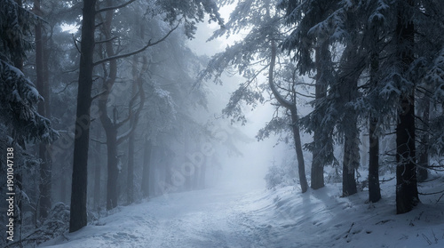 Cuadro en lienzo Dramatic Misty Snow Forest Path with Moody Shadows