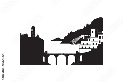 Artistic silhouette of coastal italian town amalfi coast featuring stone bridge architecture hillside buildings and scenic mediterranean landscape